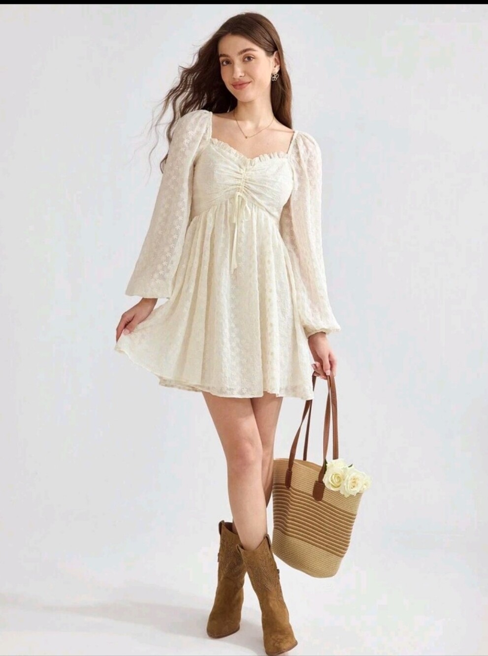 SHEIN Ivory Ruched Sweetheart Swiss-Dot Mini Dress